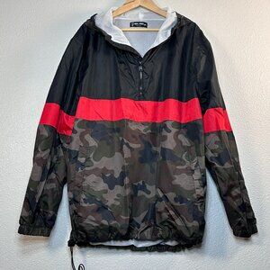 Rebel Minds Camo/Black/Red Pull-Over Hooded Windbreaker Jacket - Men's 3XL